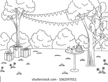 Children party graphic black white landscape sketch illustration vector 
