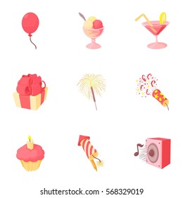 Children party icons set. Cartoon illustration of 9 children party vector icons for web