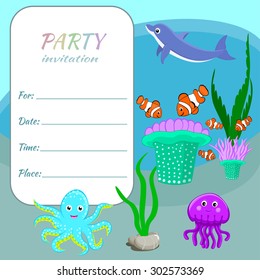 Children party invitation card template Colorful sea animals, fishes and plants Sea bottom background Funny underwater world for sea party invite, nautical theme party, kids party, birthday invitation