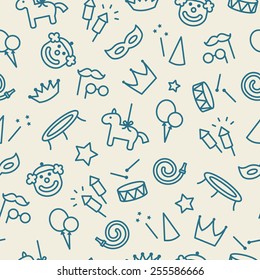 Children party seamless pattern. Blue and cream colors. Thin line icons of party accessories. Also for printing on paper and fabric. 