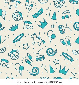 Children party seamless pattern. Blue, azure and cream colors. Thin line icons of party accessories. Also for printing on paper and fabric. 
