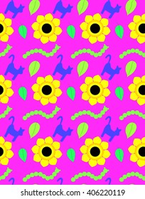 Children pattern colorful cats, sunflowers, caterpillar, leaves on a purple background. Bright children's drawing, pattern, for printing on fabric, paper, packaging, wallpaper.