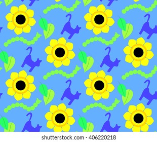 Children pattern colorful cats, sunflowers, caterpillar, leaves on a blue background. Bright children's drawing, pattern, for printing on fabric, paper, packaging, wallpaper.