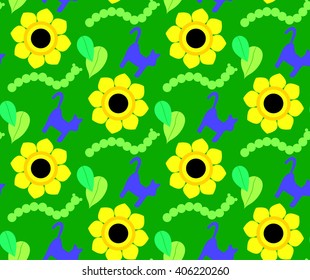 Children pattern colorful cats, sunflowers, caterpillar, leaves on a green background. Bright children's drawing, pattern, for printing on fabric, paper, packaging, wallpaper.