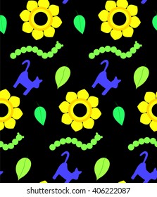 Children pattern colorful cats, sunflowers, caterpillar, leaves on a black background. Bright children's drawing, pattern, for printing on fabric, paper, packaging, wallpaper.