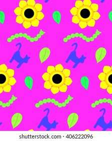 Children pattern colorful cats, sunflowers, caterpillar, leaves on a purple background. Bright children's drawing, pattern, for printing on fabric, paper, packaging, wallpaper.