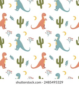 children pattern with dinosaurs, plants and the inscription "ROAR". Cactus and leaves, ideal for children's clothing and accessories.