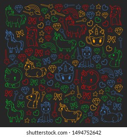 Children pattern with fairy tale unicorns for kids clothes, posters, banners, shirts. Vector image with cartoon character.