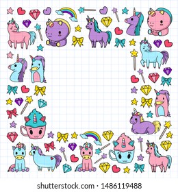 Children pattern with fairy tale unicors for kids clothes, posters, banners, shirts. Vector image with cartoon character.