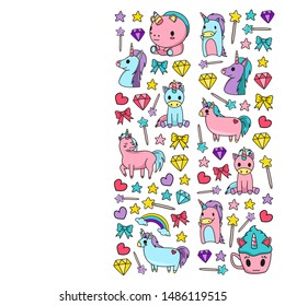 Children pattern with fairy tale unicors for kids clothes, posters, banners, shirts. Vector image with cartoon character.