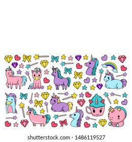 Children pattern with fairy tale unicors for kids clothes, posters, banners, shirts. Vector image with cartoon character.