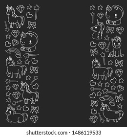 Children pattern with fairy tale unicors for kids clothes, posters, banners, shirts. Vector image with cartoon character.