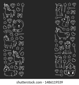 Children pattern with fairy tale unicors for kids clothes, posters, banners, shirts. Vector image with cartoon character.