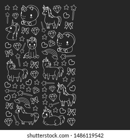 Children pattern with fairy tale unicors for kids clothes, posters, banners, shirts. Vector image with cartoon character.