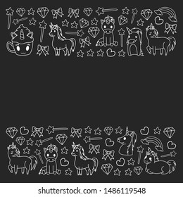 Children pattern with fairy tale unicors for kids clothes, posters, banners, shirts. Vector image with cartoon character.