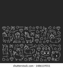 Children pattern with fairy tale unicors for kids clothes, posters, banners, shirts. Vector image with cartoon character.