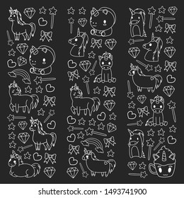 Children pattern with fairy tale unicors for kids clothes, posters, banners, shirts. Vector image with cartoon character.