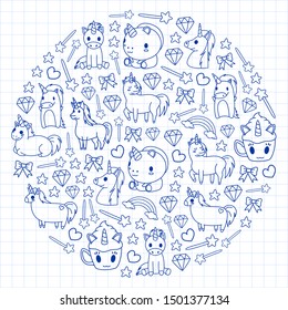 Children pattern with fairy tale unicors for kids clothes, posters, banners, shirts. Vector image with cartoon character.