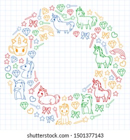 Children pattern with fairy tale unicors for kids clothes, posters, banners, shirts. Vector image with cartoon character.