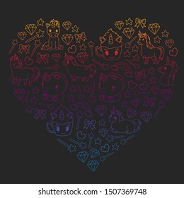 Children pattern with fairy tale unicors for kids clothes, posters, banners, shirts. Vector image with cartoon character.