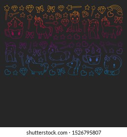 Children pattern with fairy tale unicors for kids clothes, posters, banners, shirts. Vector image with cartoon character.