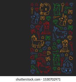 Children pattern with fairy tale unicors for kids clothes, posters, banners, shirts. Vector image with cartoon character.