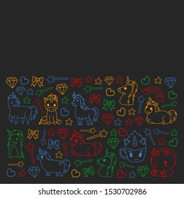 Children pattern with fairy tale unicors for kids clothes, posters, banners, shirts. Vector image with cartoon character.