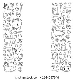 Children pattern with fairy tale unicors for kids clothes, posters, banners, shirts. Vector image with cartoon character.