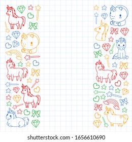 Children pattern with fairy tale unicors for kids clothes, posters, banners, shirts. Vector image with cartoon character.