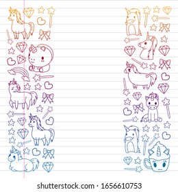 Children pattern with fairy tale unicors for kids clothes, posters, banners, shirts. Vector image with cartoon character.