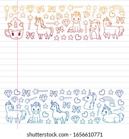 Children pattern with fairy tale unicors for kids clothes, posters, banners, shirts. Vector image with cartoon character.