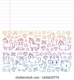 Children pattern with fairy tale unicors for kids clothes, posters, banners, shirts. Vector image with cartoon character.