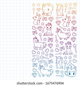 Children pattern with fairy tale unicors for kids clothes, posters, banners, shirts. Vector image with cartoon character.