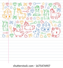 Children pattern with fairy tale unicors for kids clothes, posters, banners, shirts. Vector image with cartoon character.