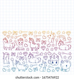 Children pattern with fairy tale unicors for kids clothes, posters, banners, shirts. Vector image with cartoon character.