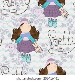 Children pattern with girl, elephants and flowers for the textile, fabric samples, paper
