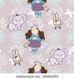 Children pattern with girl, elephants and flowers for the textile, fabric samples, paper
