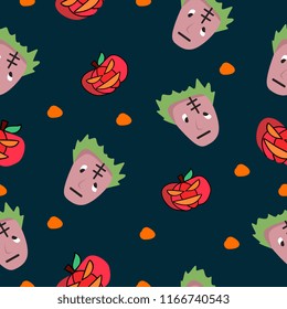 Children pattern with halloween pumpkin and frankenstein