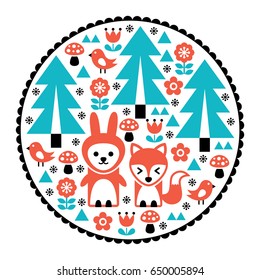 Children pattern, Scandinavian cute folk art design with nature and animals