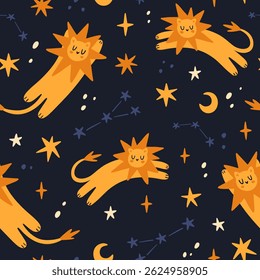 Children pattern with sleeping lions flying in night sky. Seamless vector cartoon texture with cats and stars. Pattern for wrapping paper or textile