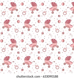 Children pattern with a stroller and toys pink