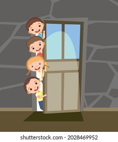 Children peek in the door. Opened the entrance. Funny kid. View from inside the room. Cartoon style. Flat design. Vector