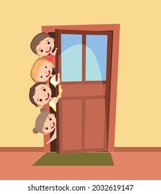 Children Peek In The Door. Opened The Entrance. Funny Kid. View From Inside The Room. Cartoon Style. Flat Design. Vector.