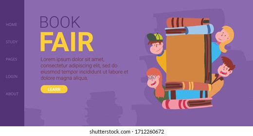 Children peek out over books,with "Book Fair" type. Buy online children books at publishing prices. Quarantine book trade center in online space. Online discussions on parenting during self-isolation.