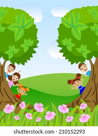 children peek out from trees, vector illustration
