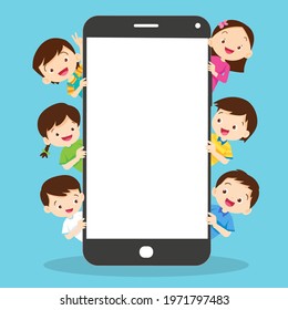 children peeking behind blank smartphone.smiling boy and girl hiding behind smartphone tablet.