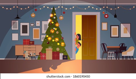 children peeking out from behind door living room with decorated fir tree and garlands new year christmas holidays celebration concept horizontal vector illustration