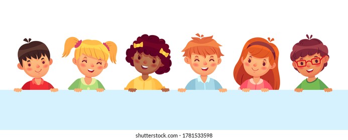 Children peeking out from wall, diverse cheerful kids laughing and smiling. Teenager characters with different hairstyle. Funny boys and girls with pink cheeks and nose vector illustration