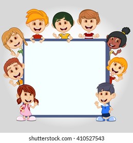 Children peeping behind placard cartoon vector illustration