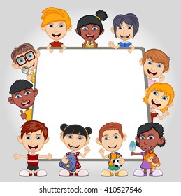 Children Peeping Behind Placard Cartoon Vector Stock Vector (royalty 